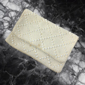 Vintage 1960's Mr. Jonas White Beaded Envelope Folded Clutch Bag Purse Hong Kong